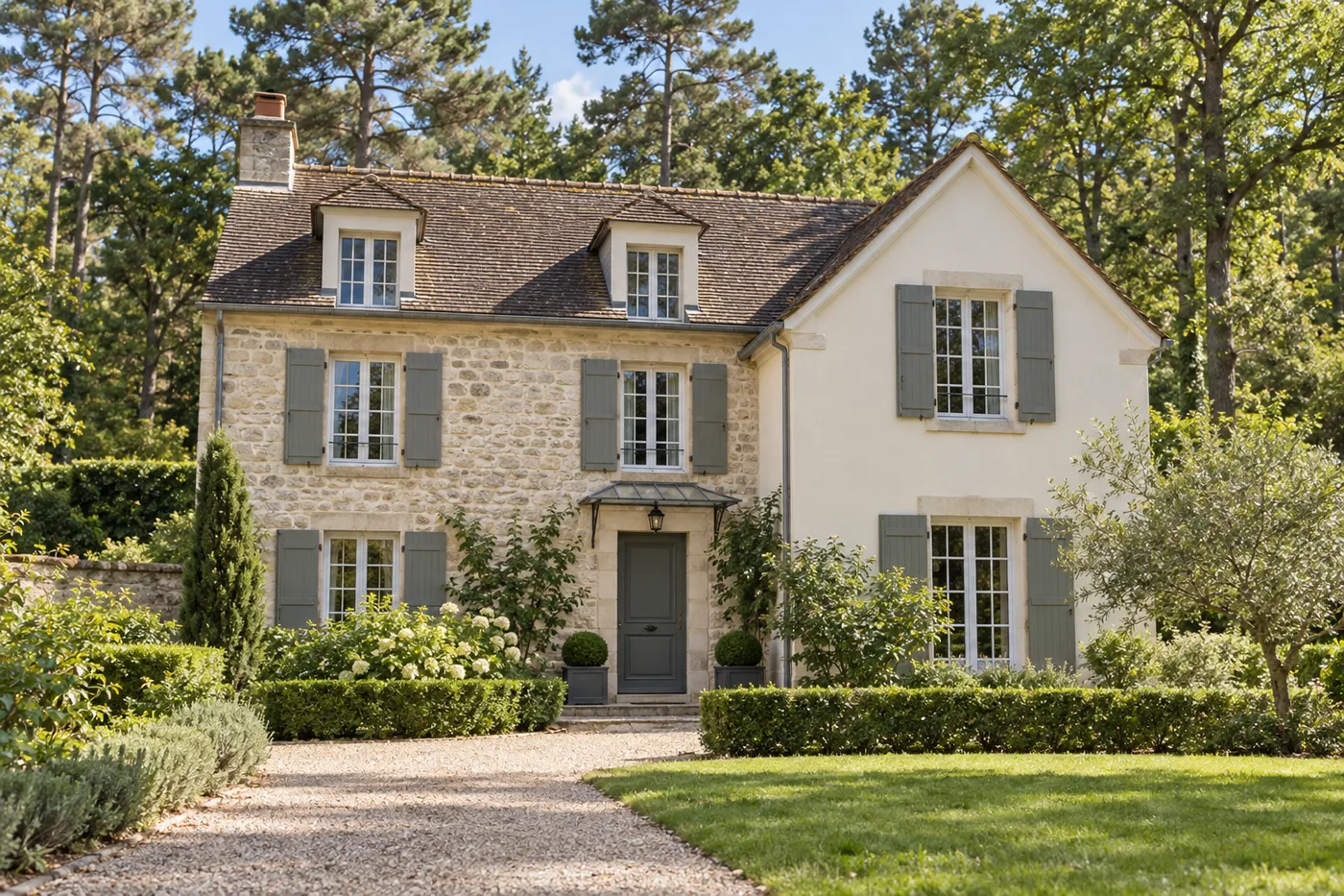 Maison en pierre et enduit avec porte d'entrée gris-vert, en lisière de forêt près de Rambouillet